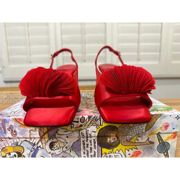 Jeffrey Campbell Duffy Slingback Red Satin Heel Size 10 NIB Plume Design Elegant - Picture 8 of 14